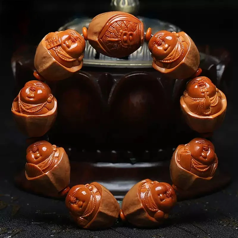 橄榄核手串20大籽原皮弥勒精品核雕文玩手把件手工雕刻手链男女款