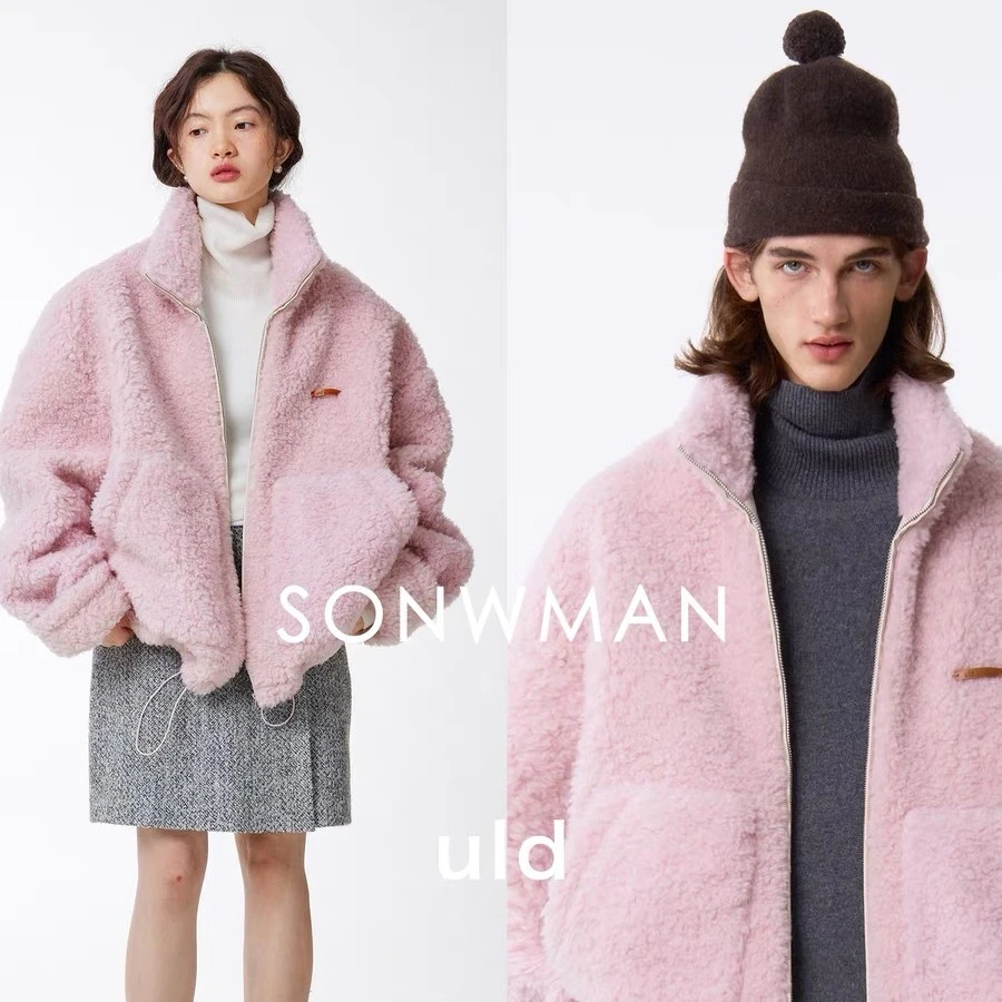 ULD/斯德哥尔摩圈圈羊毛外套女2024冬季新款毛绒皮草粉色毛毛外套