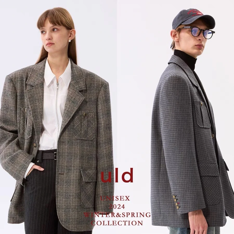 ULD冬季新款百搭复古格纹宽松长袖翻领西装女
