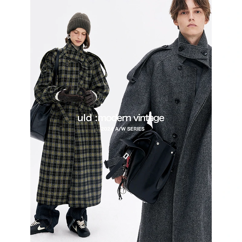 ULD/冬日经典格纹大衣外套2024长款翻领复古毛呢外套 DACU