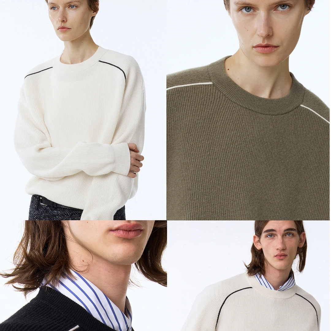 ULD清仓/26s中古马鞍肩100羊毛毛衣圆领保暖针织打底衫男女同款QC