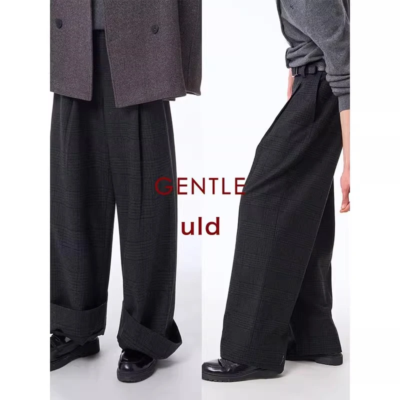 ULD/LONDONG经典粗纺暗调格纹中古英伦毛呢褶西裤 休闲裤 DACU
