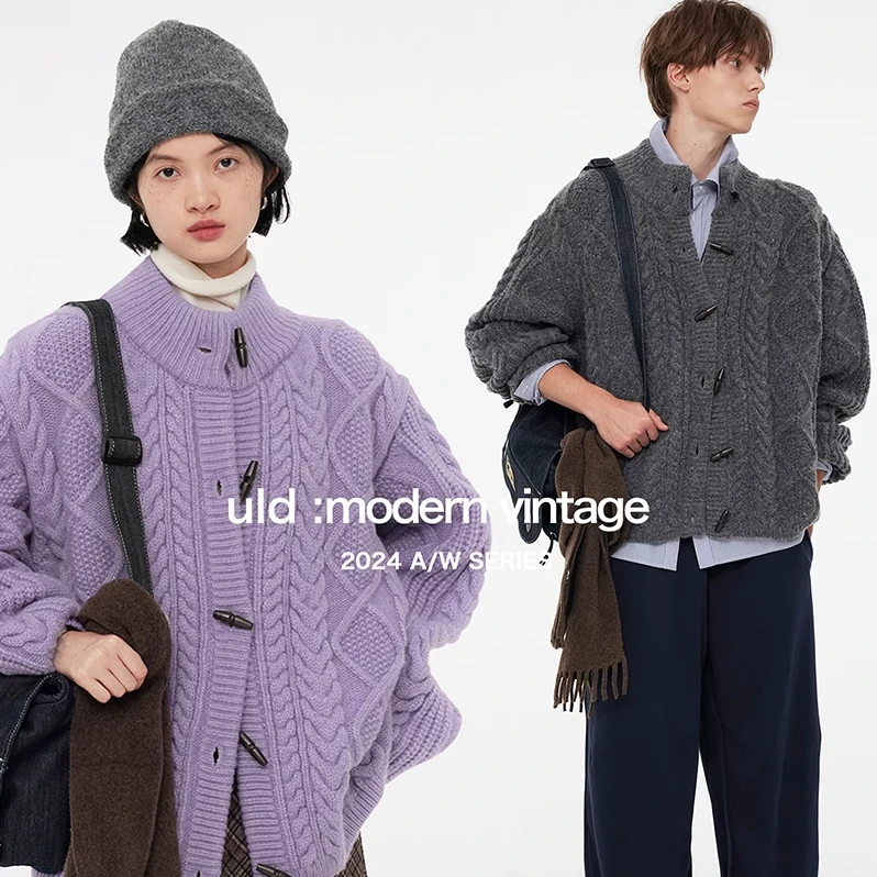 【ULD】/90s中古牛角扣立体绞花开衫3针进口机器织造不易起球