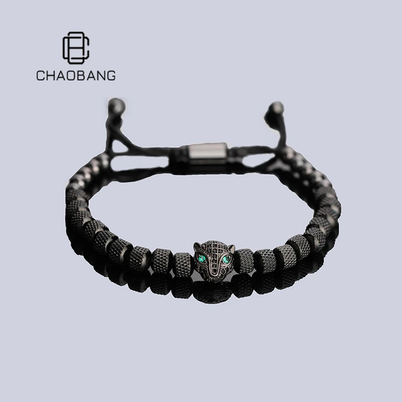 chaobang/潮邦 钛钢合成锆石手链 黑豹镶钻手链男可调节百搭饰品
