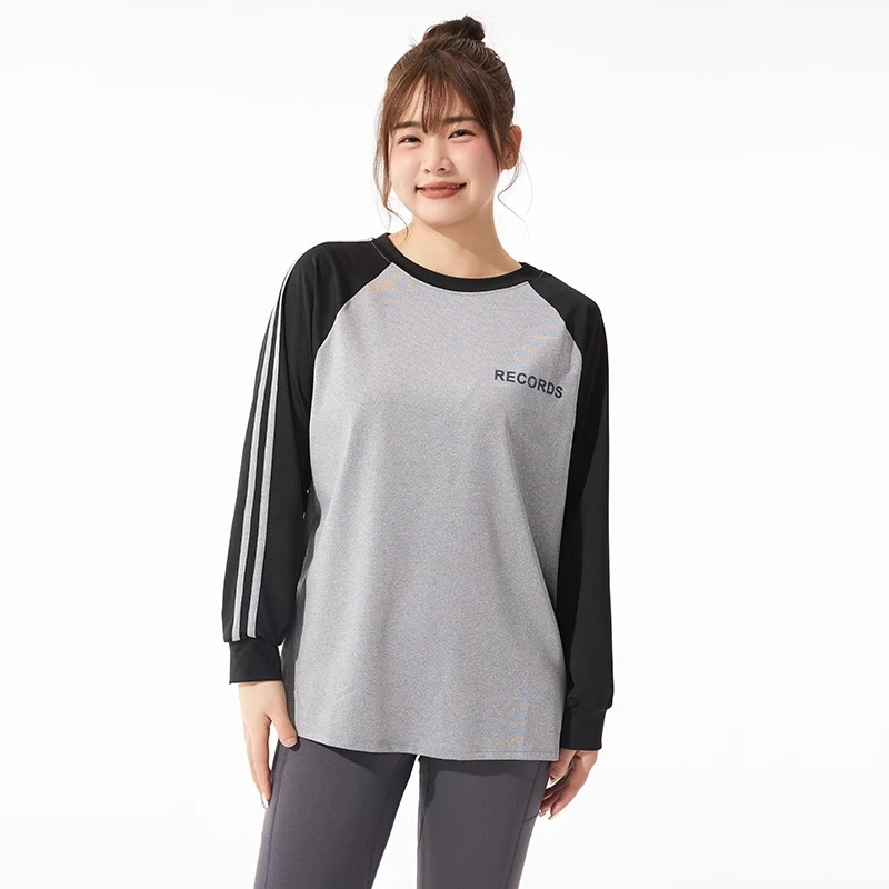 胖mm大码瑜伽服长袖女休闲宽松运动卫衣条纹撞色跑步速干健身服夏