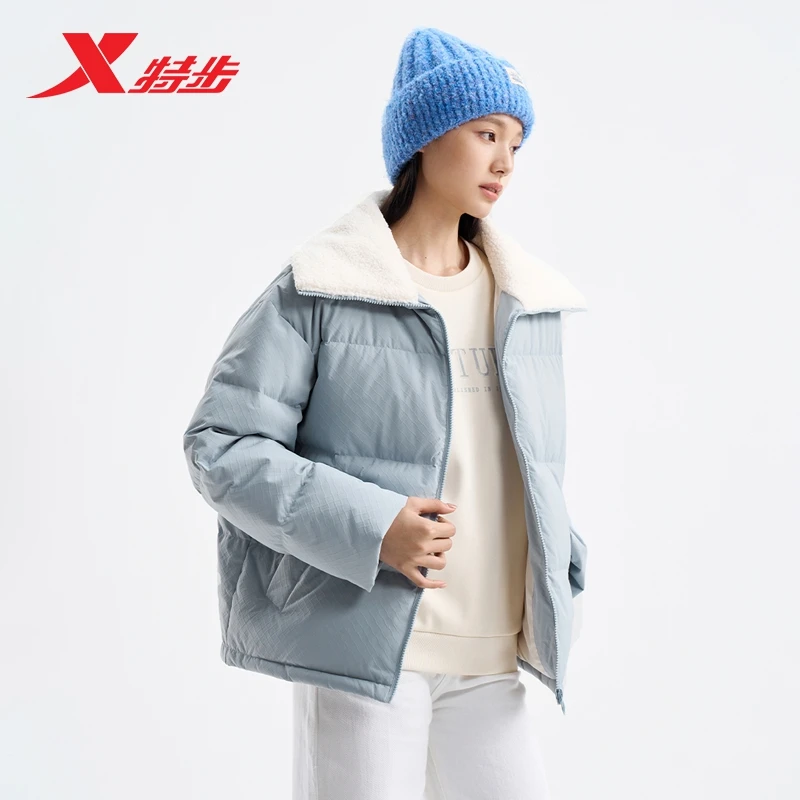 特步冬季新款羽绒服女短款加厚保暖白鸭绒翻领外套女976428190345