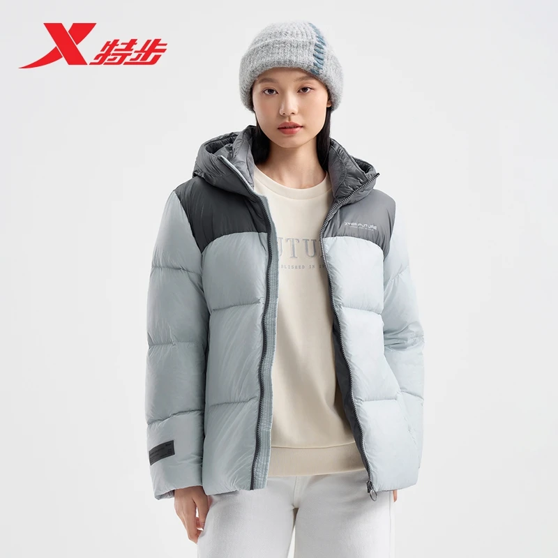 特步连帽羽绒服女2024冬季撞色加厚保暖鸭绒时尚外套976428190347