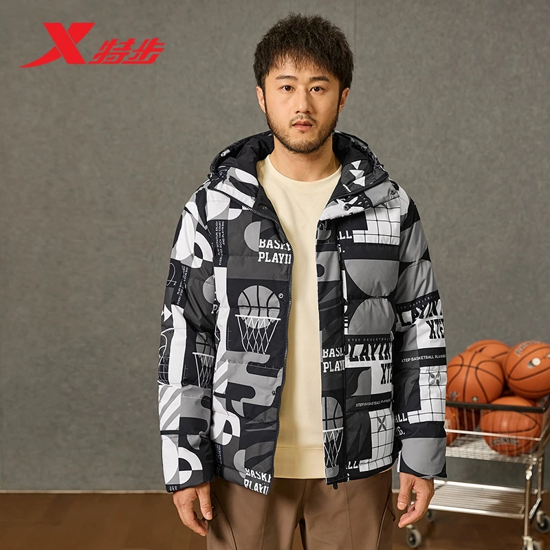 特步篮球系列满印休闲男款2023冬季新款保暖羽绒服977429190772
