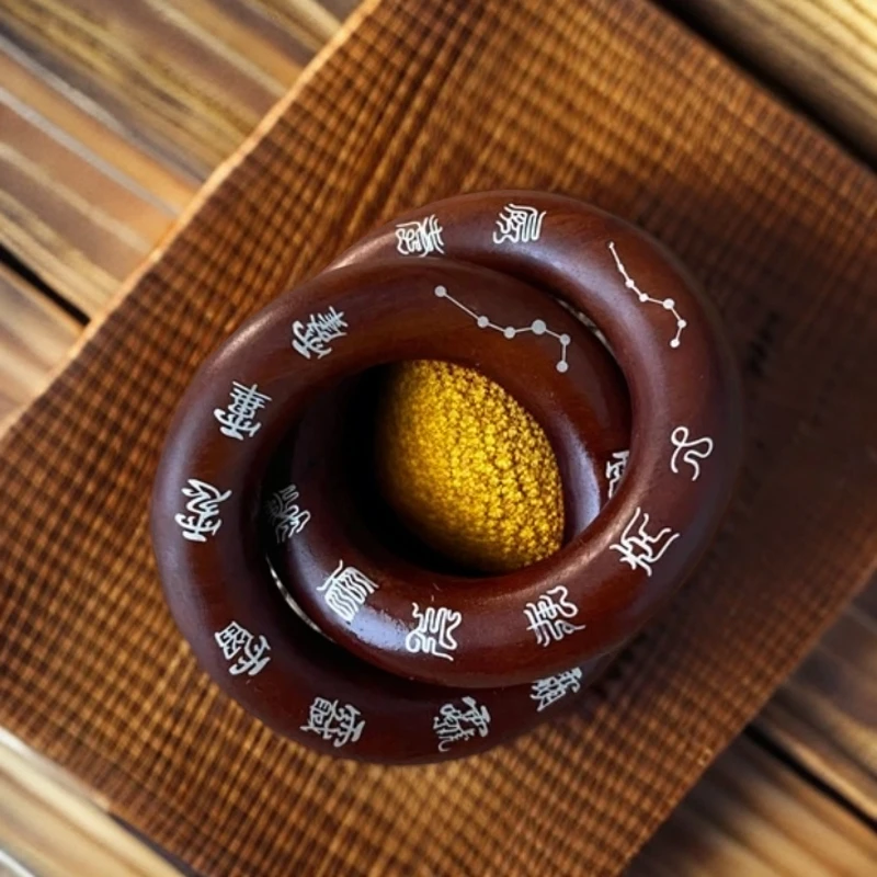 【百年雷击枣木】镶嵌银丝乾坤圈单面刻字吊坠手把件迷你款道家