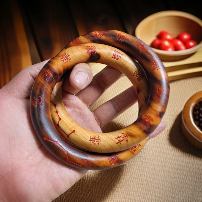 天然雷击木乾坤圈桃木阴阳环雷纹干坤圈手镯纯手工一体无拼接雕刻