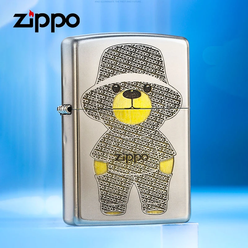 ZIPPO打火机正版镀铬磨砂双面深雕ZIPPO小熊防风男士礼物DY9902DK