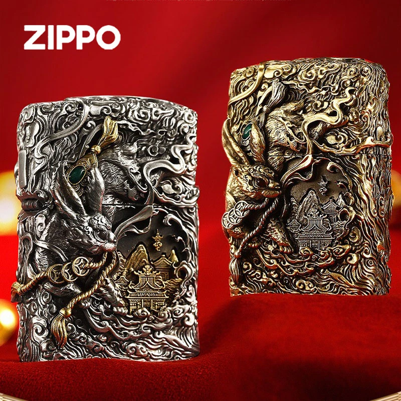 zippo打火机原装正版黄铜藏银厚壳重机月兔防风礼盒DY9902TJ复古
