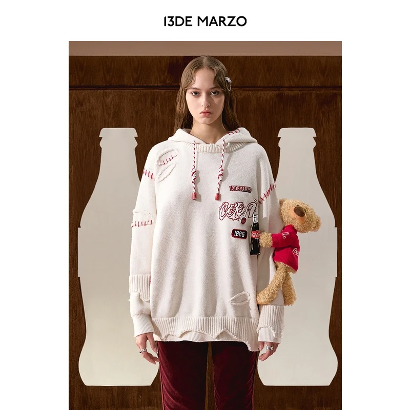 13DE MARZO男女百搭可口可乐联名系列时尚宽松连帽衫长袖套头毛衣