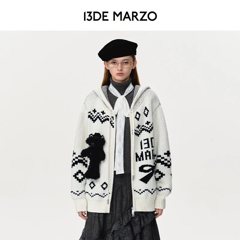 13DE MARZO男女同款 秋冬新款费尔岛提花针织开衫连帽毛衣外套