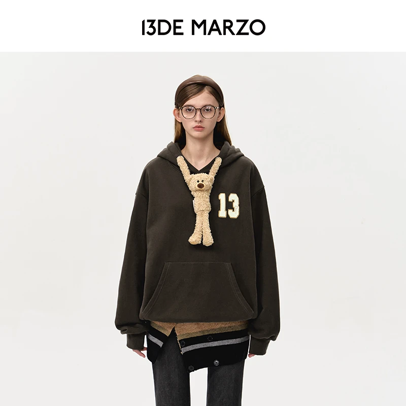 13DE MARZO秋冬新款可调节玩偶帽绳帽衫宽松连帽卫衣专柜同款