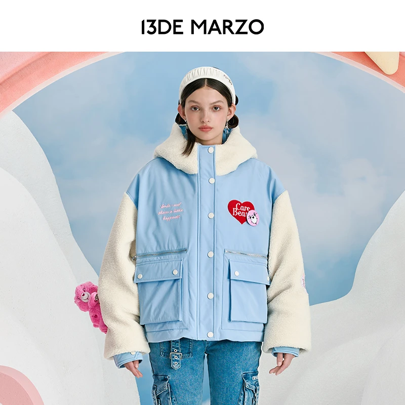 13DE MARZO男女同款 CARE BEARS联名系列拼接保暖连帽宽松羽绒服