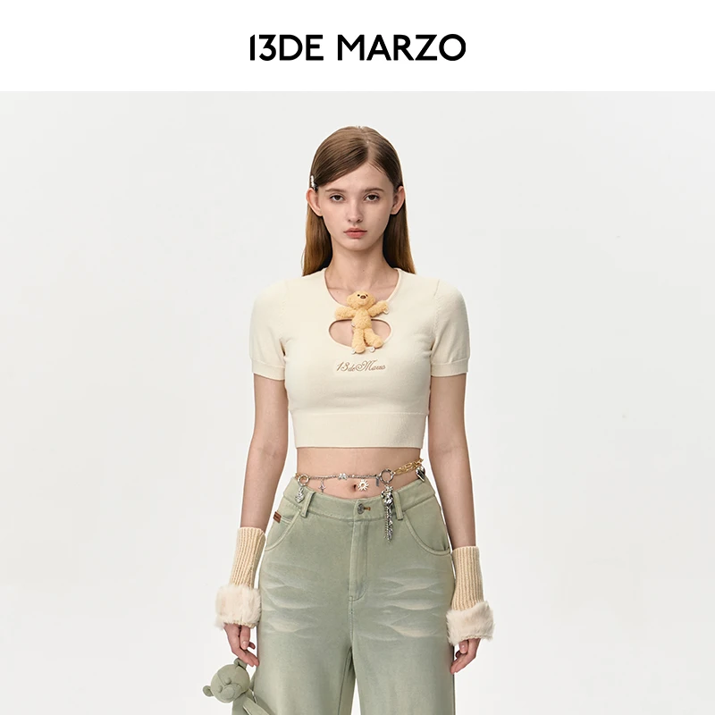 13DE MARZO女士 24早秋新款胸前镂空针织衫短袖薄款修身短款毛衣