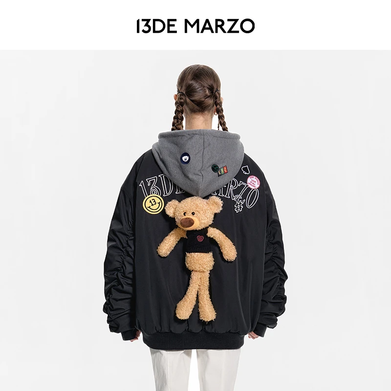 13DE MARZO男女同款 连帽衫加厚拉链夹克飞行员复古休闲棉服外套