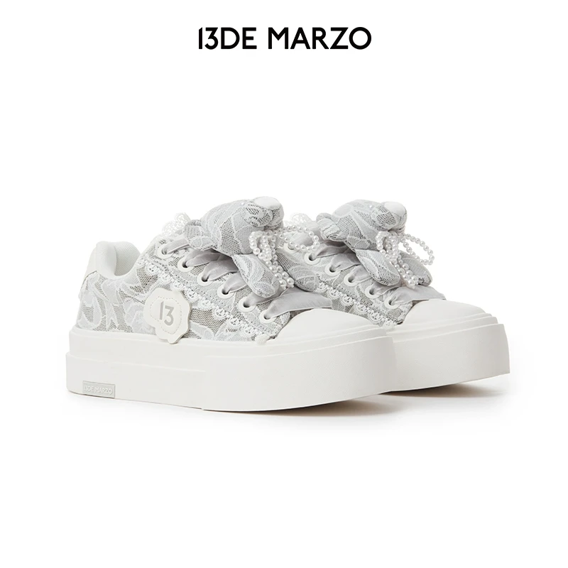 113DE MARZO女士 25早春新款蕾丝气质休闲鞋子低帮厚底增高帆布鞋