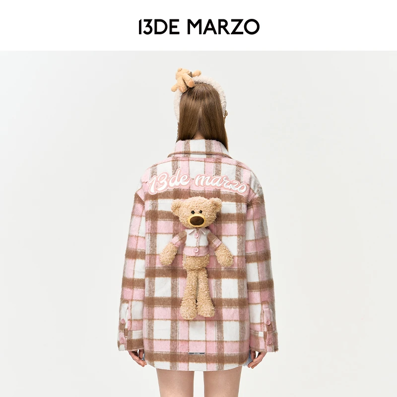 13DE MARZO男女同款格子呢子衬衫街头夹棉中长款外套专柜同款