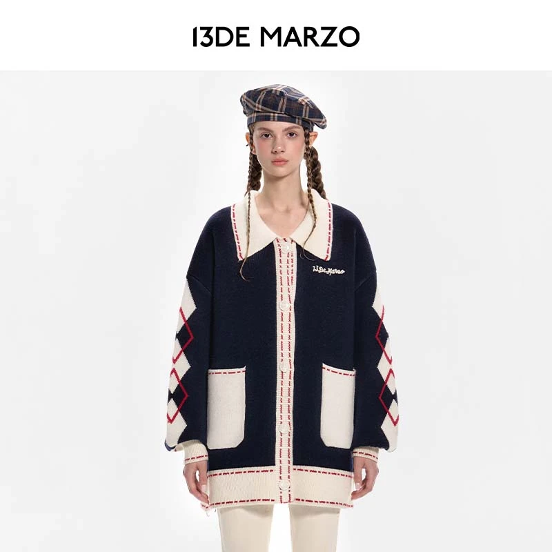13DE MARZO男女同款 字母拼接时尚针织复古开衫休闲宽松气质毛衣