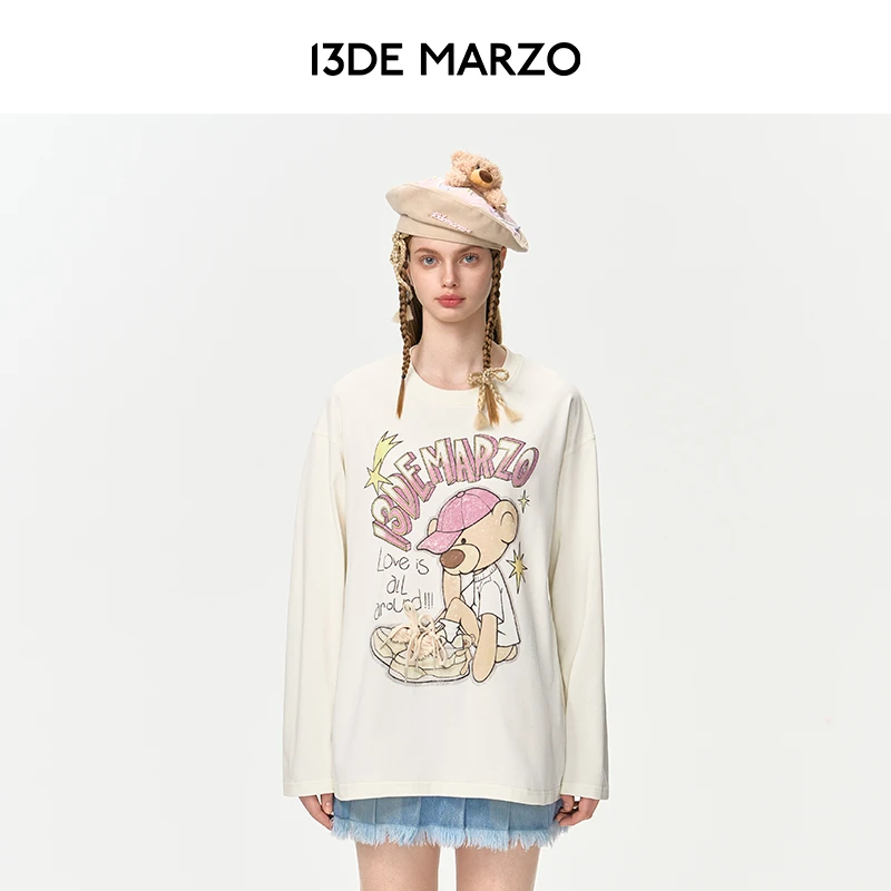 13DE MARZO男女同款 24早秋新款立体鞋带打底衫棉质宽松长袖T恤