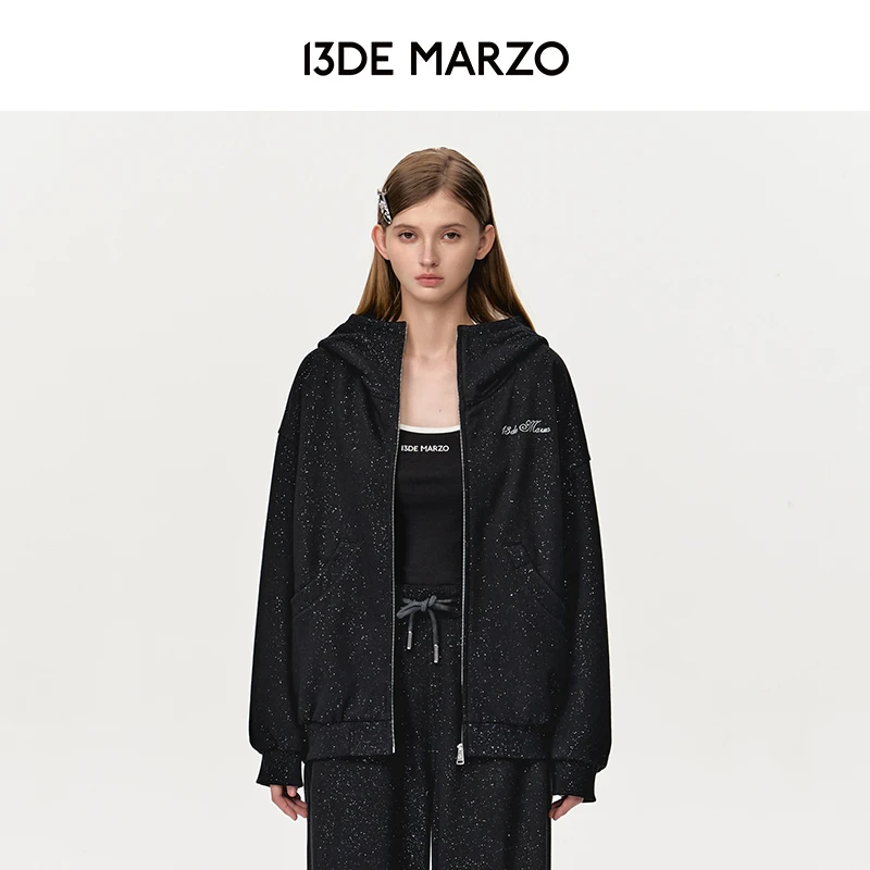 【李一桐同款】13DE MARZO细闪拉链帽衫个性宽松卫衣开衫专柜同款