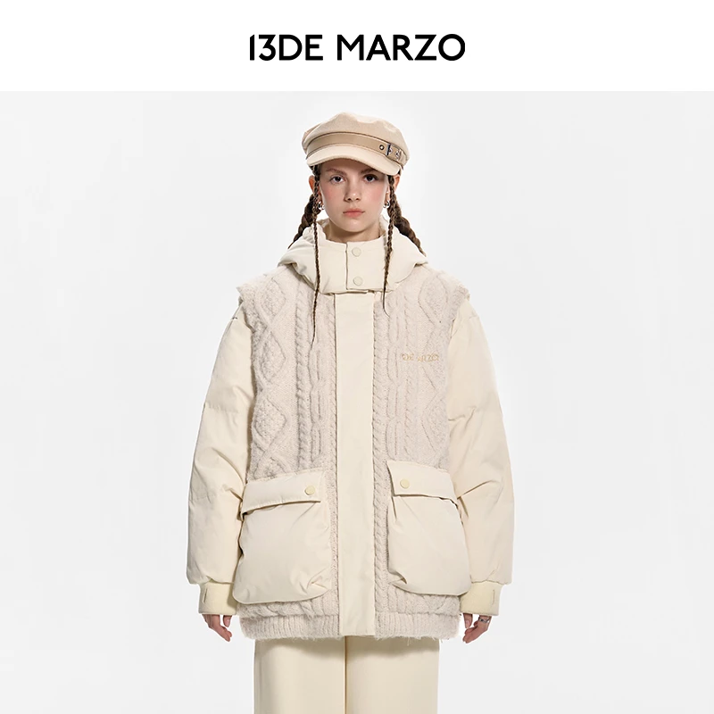 13DE MARZO男女同款 秋冬新款时尚针织拼接羽绒服休闲连帽外套