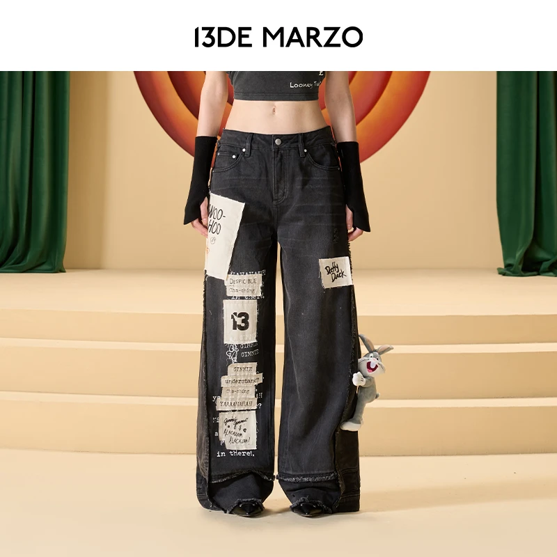 13DE MARZO男女同款 兔八哥联名系列涂鸦休闲直筒阔腿裤牛仔裤