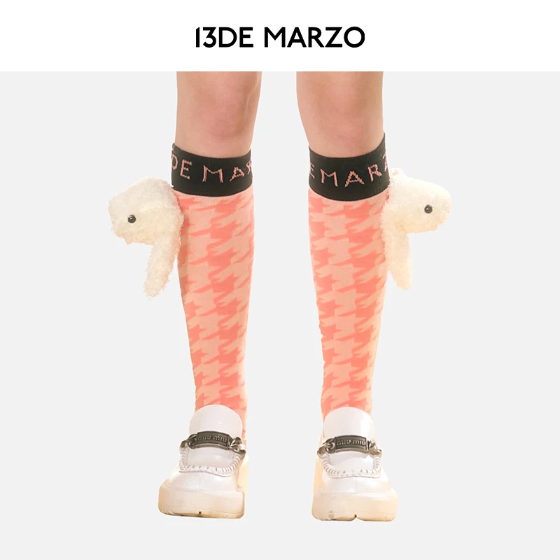 13DE MARZO女士 千鸟格纹立体玩偶气质潮袜复古时尚高筒袜子