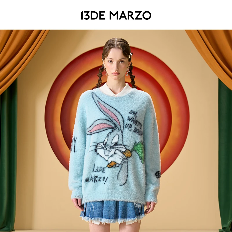 13DE MARZO男女时尚兔八哥联名系列洋气宽松蓝色针织衫秋冬毛衣
