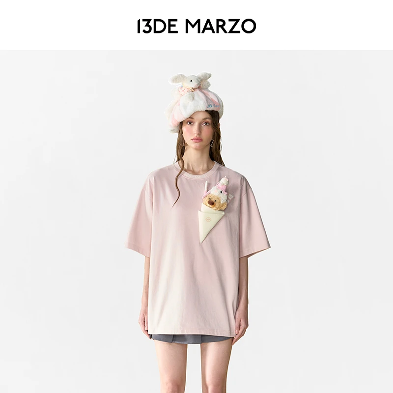 13DE MARZO男女同款 冰淇淋熊头休闲简约百搭短袖宽松时尚T恤