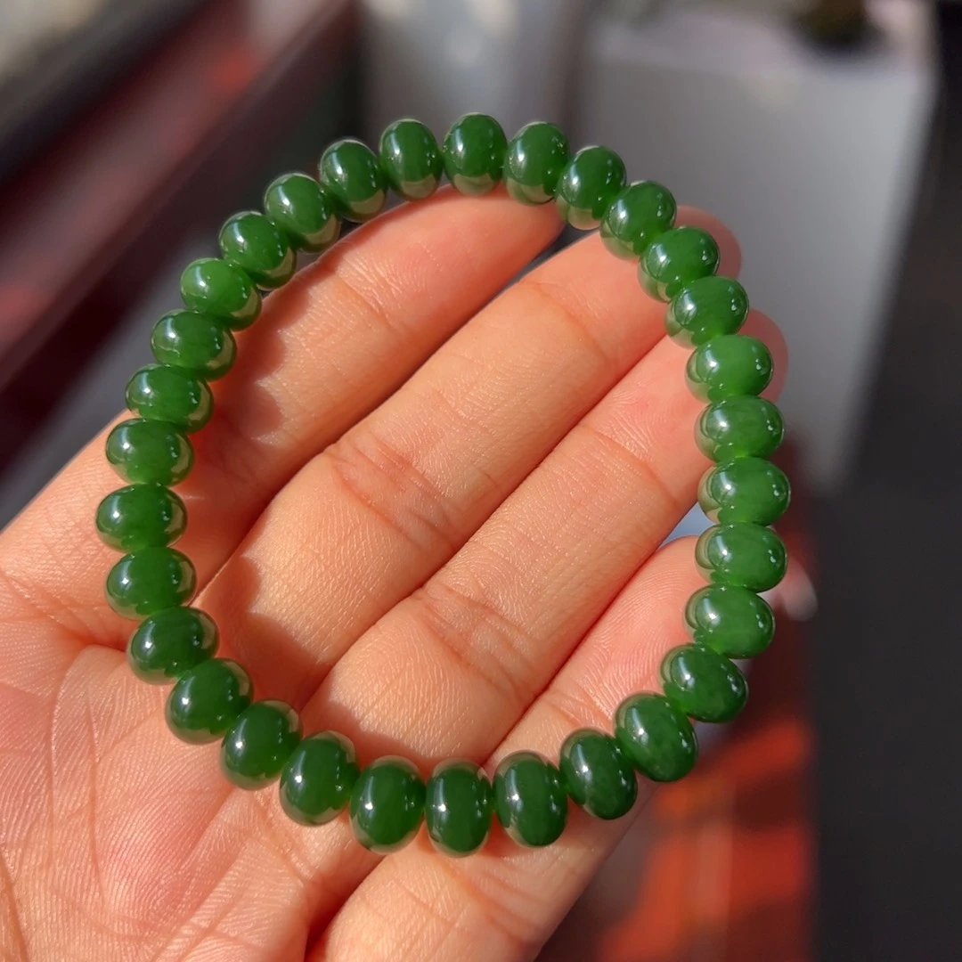 和田玉（碧玉）浓艳菠菜绿算盘珠手串高品未镶嵌