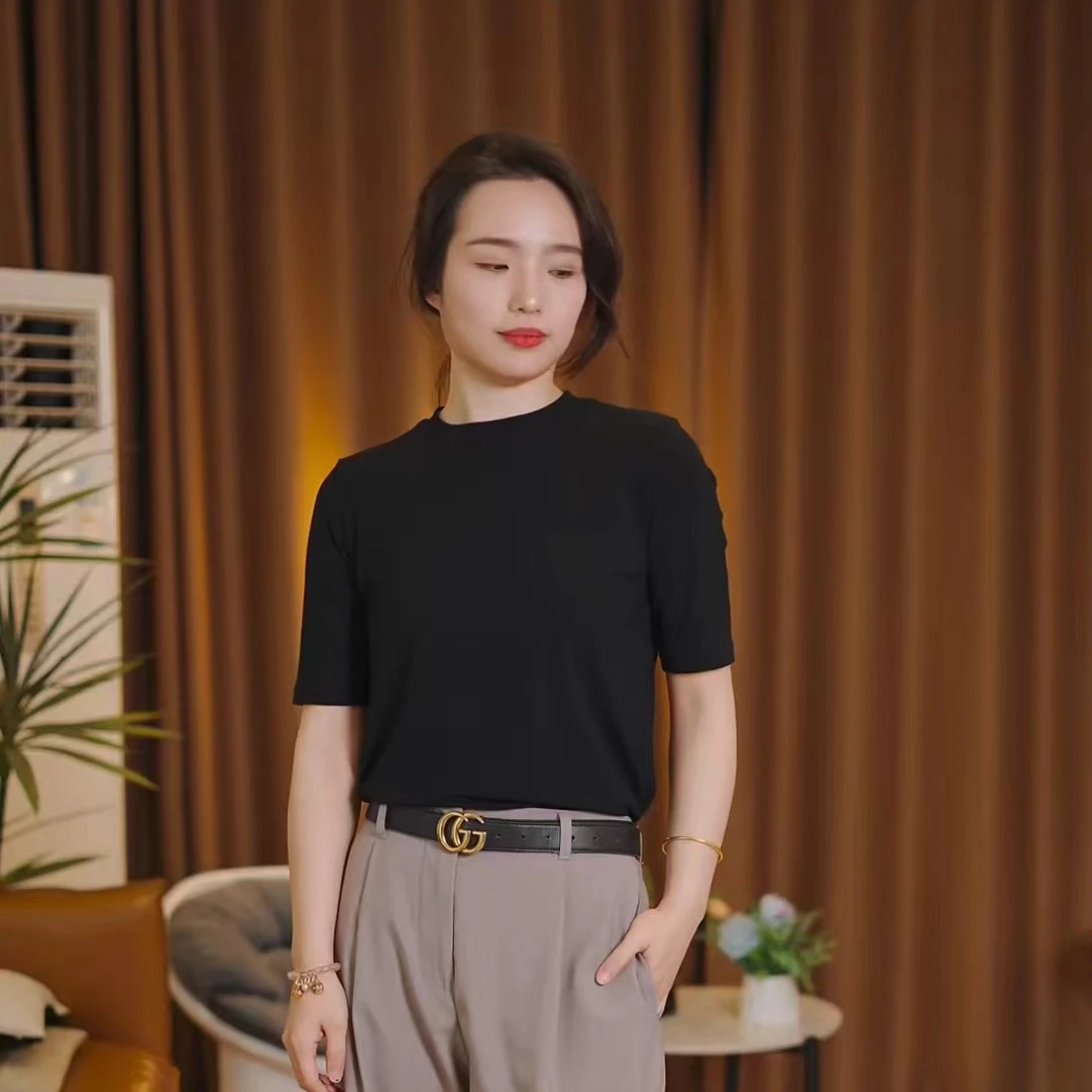 显瘦宽松弹力棉五分袖圆领打底百搭上衣女纯色中袖T恤高品质夏季