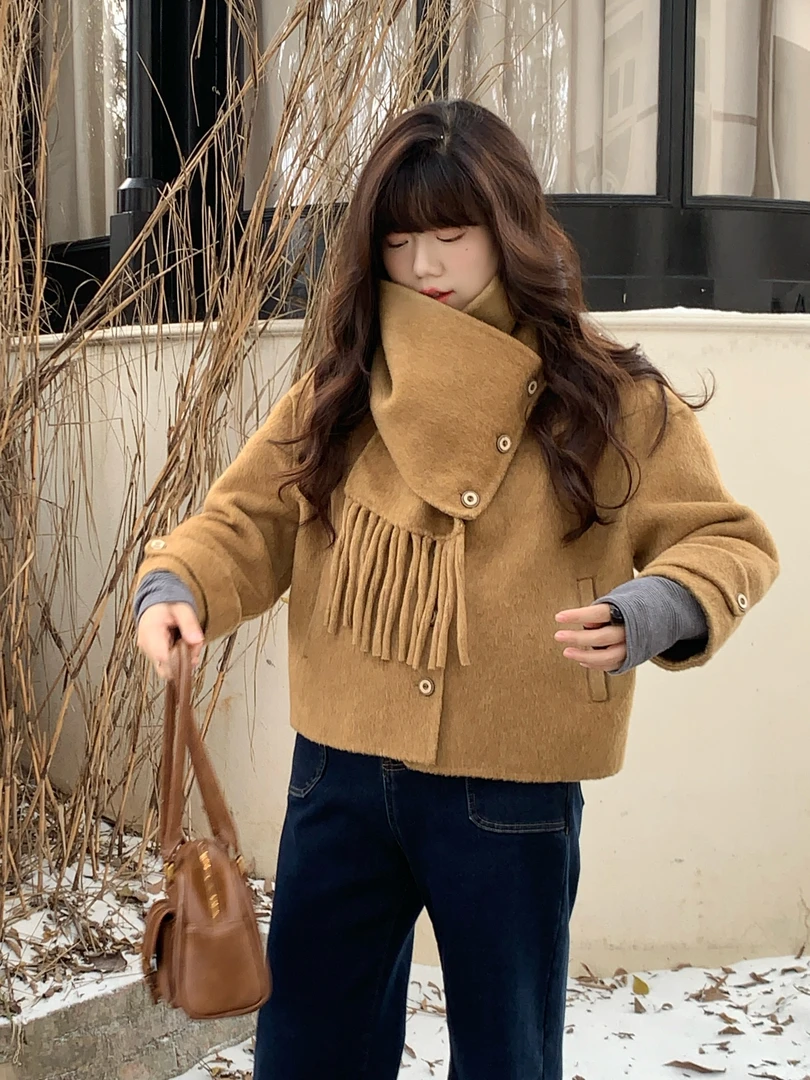 米米子 定制流苏围巾款羊毛大衣短款小个子时尚外套冬季新款上衣