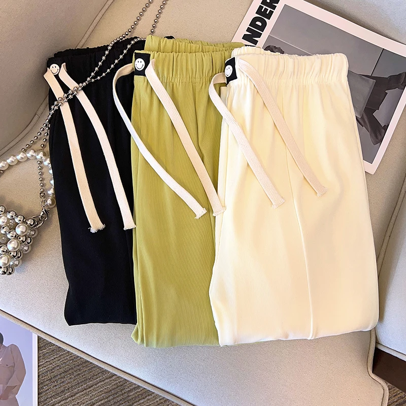 百搭2024夏装新款胖MM大码女装显瘦松紧腰抽绳笑脸饰扣瘦版阔腿裤