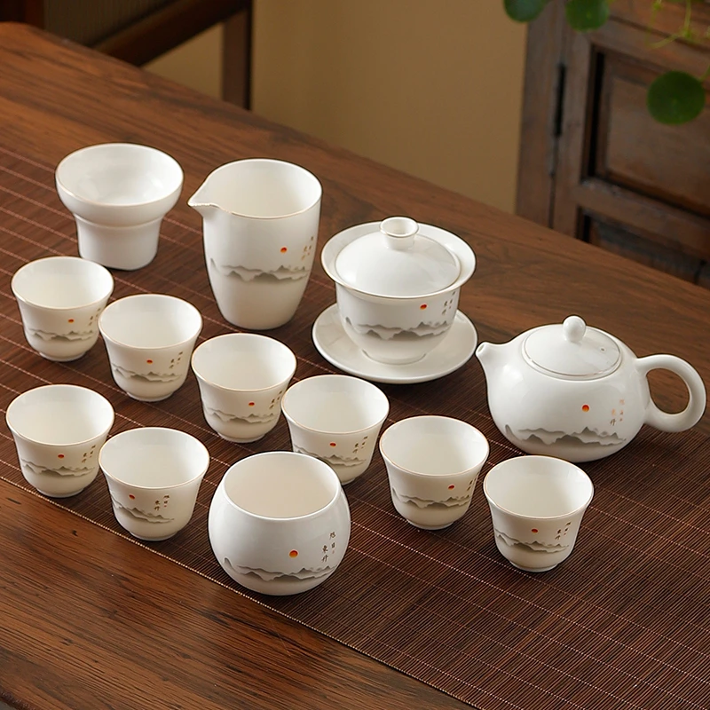 旭日东升--羊脂玉瓷功夫茶具套装中式轻奢办公室白瓷茶壶盖碗套组