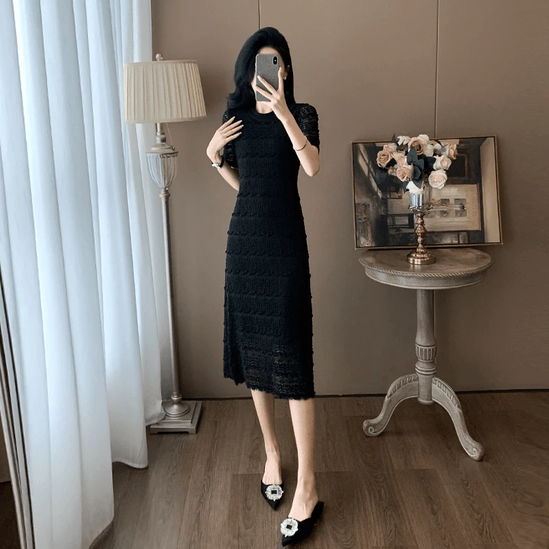 黑色高档蕾丝连衣裙女夏季显瘦气质高级感法式赫本风法式长款裙子