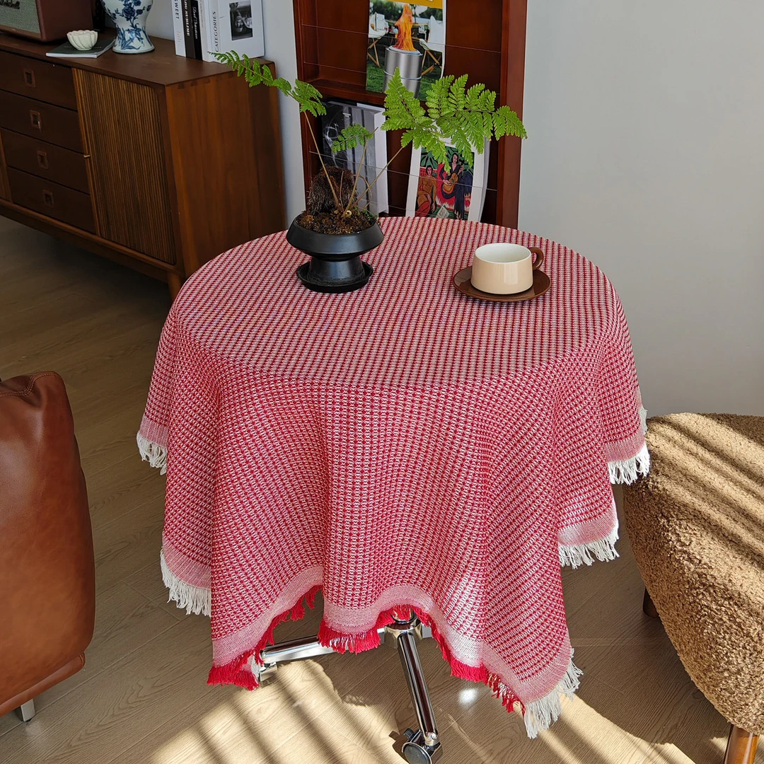 华夫格加厚棉纱桌布北欧复古风格圆桌餐桌茶几长方形盖巾沙发盖毯