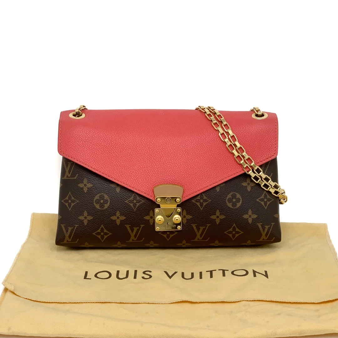 95新 LouisVuitton/路易威登 palla双金链 粉色拼老花 单肩斜挎包