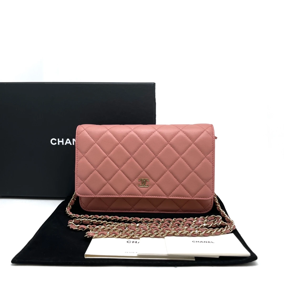 95新  Chanel香奈儿玫瑰粉金扣woc链条包发财包