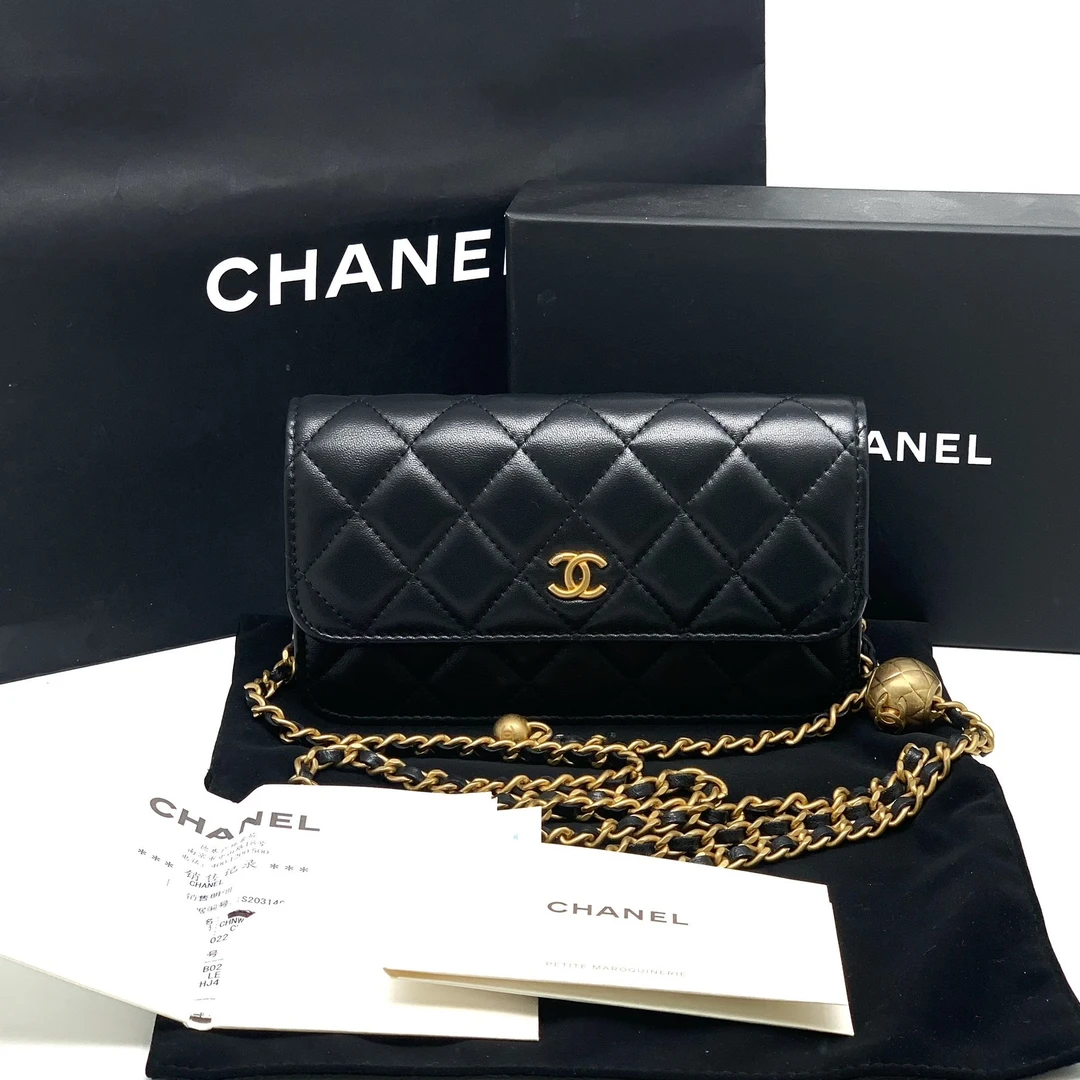 99新 Chanel/香奈儿 大全套带票 金球手机包 黑金 链条单肩斜挎包