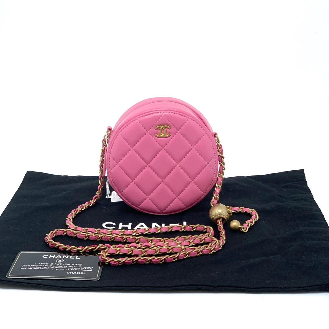 99新  Chanel香奈儿粉色金球圆饼可调节链条包