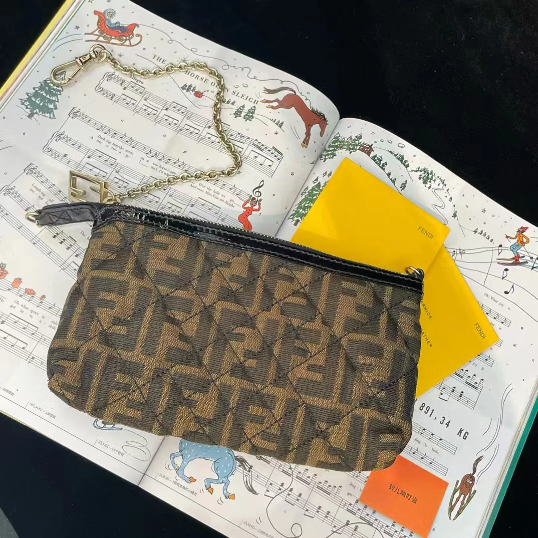 95新 FENDI/芬迪 双F 帆布拼皮 链条包 麻将包