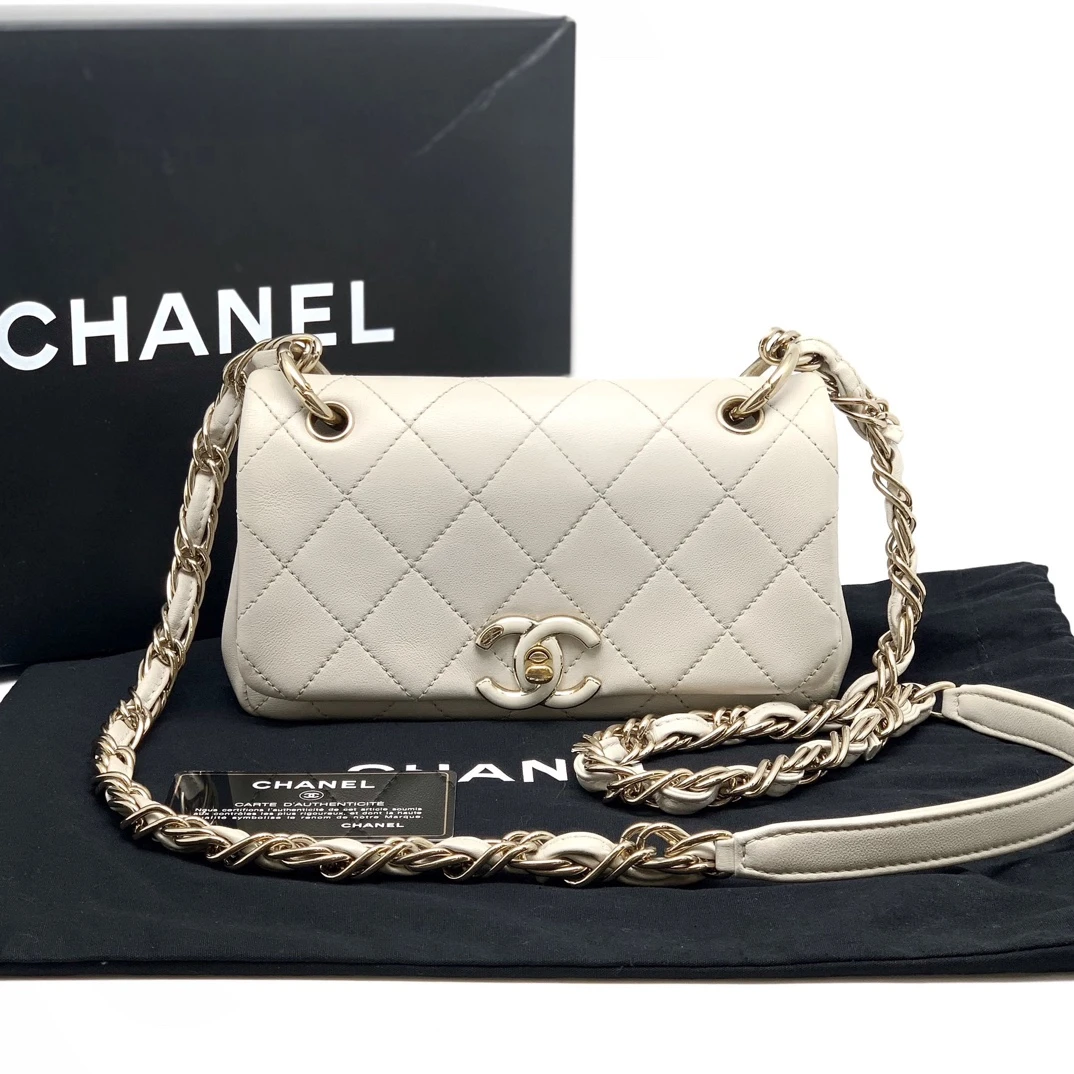 95新  Chanel香奈儿21C米色金扣珐琅大mini链条包