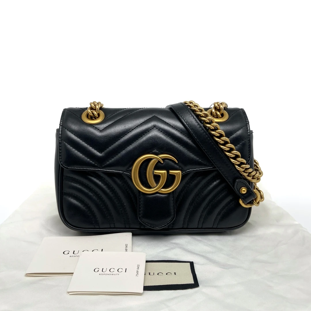 95新  Gucci 古驰 marmont 马蒙双G 黑金链条包