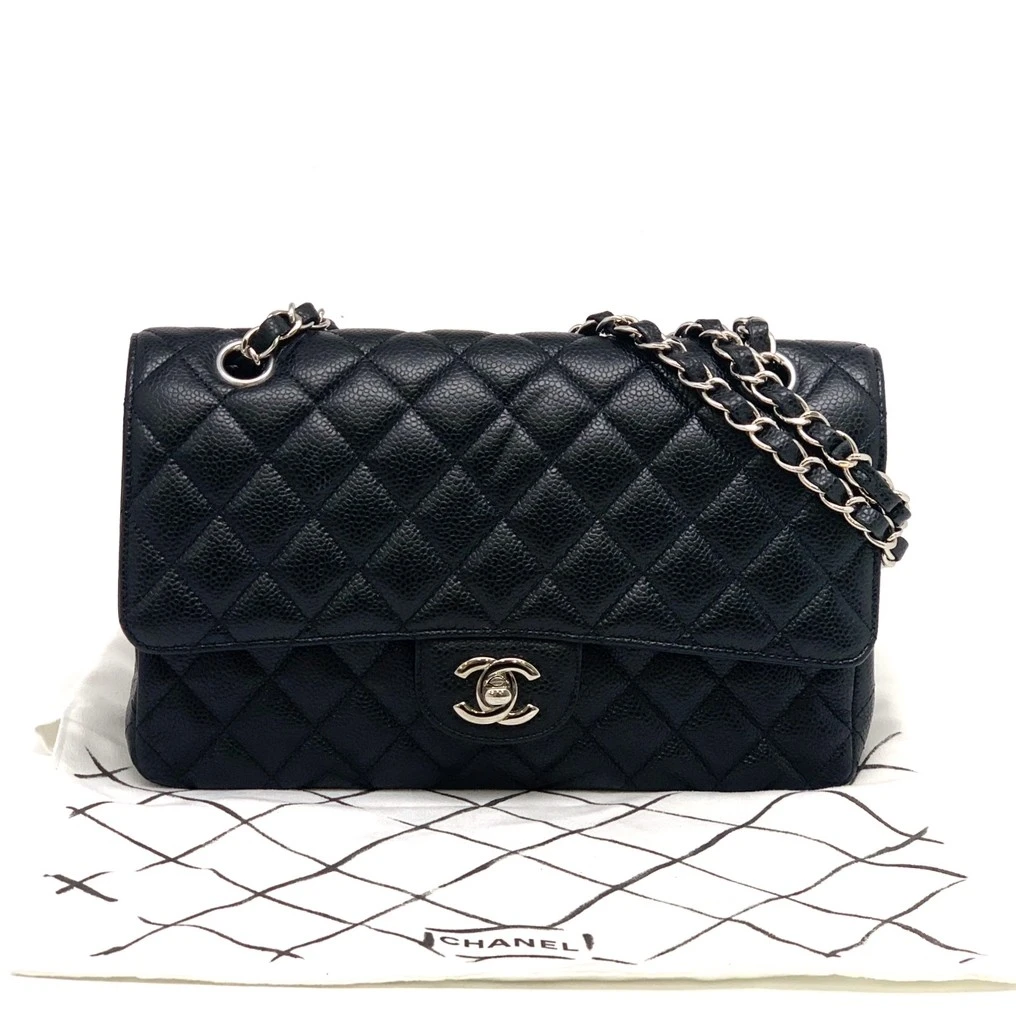 95新 Chanel/香奈儿 CF 中号 黑银荔枝纹牛皮链条包