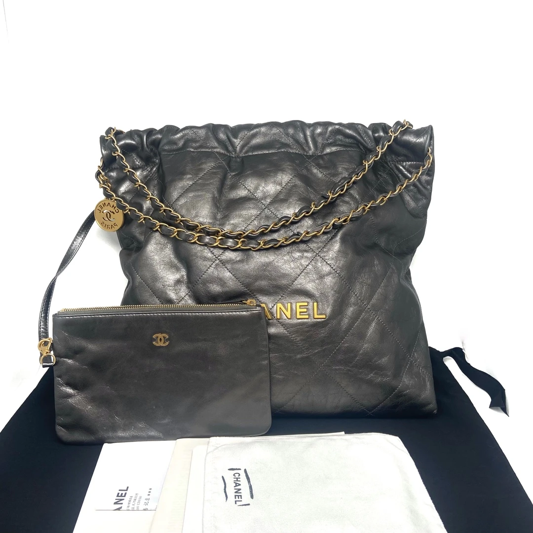 99新  大全套带票芯片款 chanel香奈儿22bag枪灰色金扣中号垃圾袋