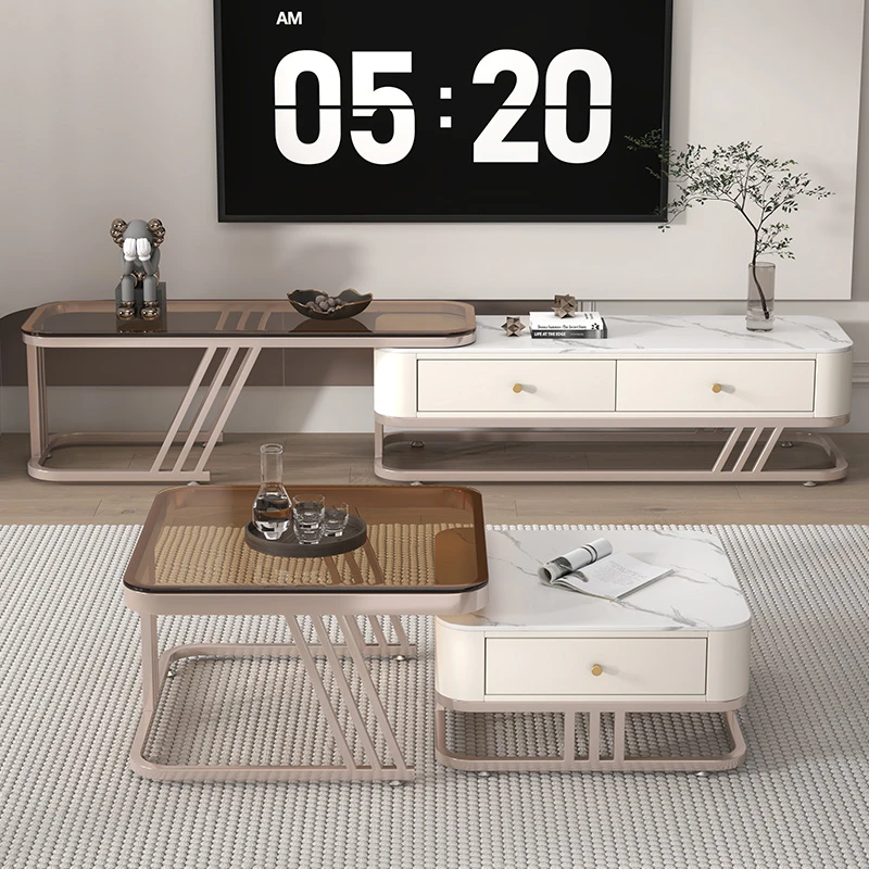 莫兰紫茶几轻奢电视客厅家用长方形简约北欧可伸缩储物实木框艺术