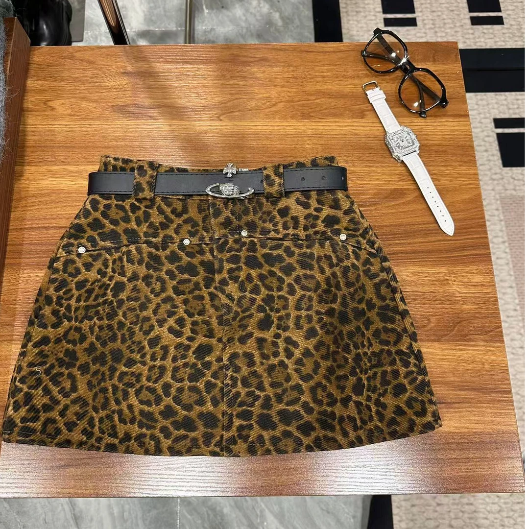 韩系豹纹包臀短裙高腰显瘦A字裙
